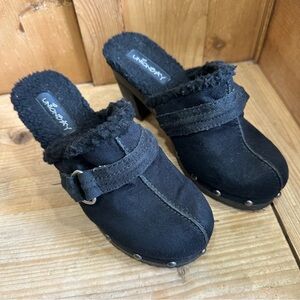 Unionbay Black Suede Shearling-Trim Clog Heels